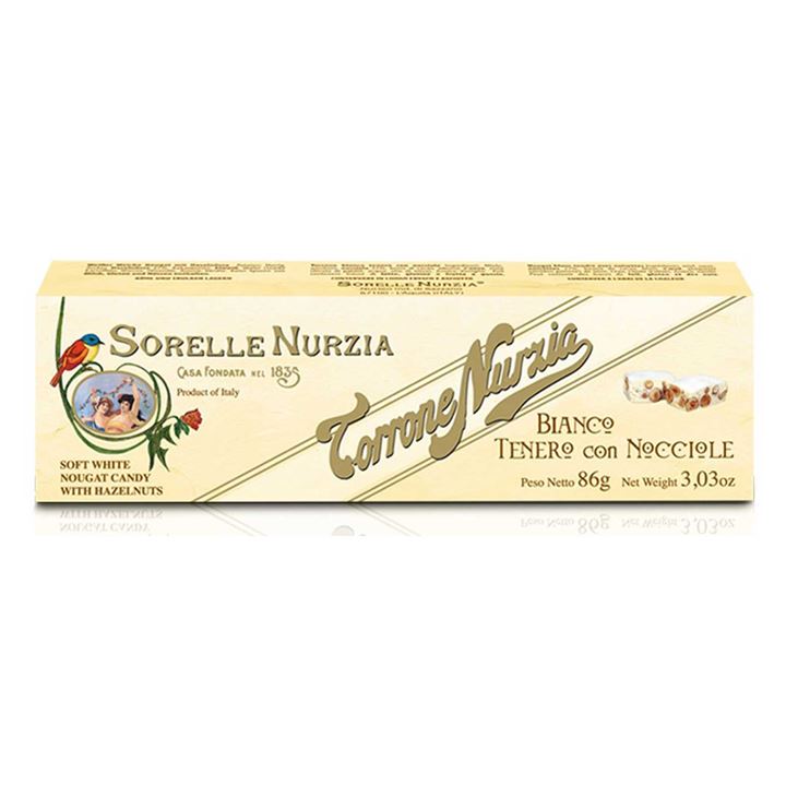 Mjuk vit torrone-nougat med hasselnötter – 86 g - Sorelle Nurzia