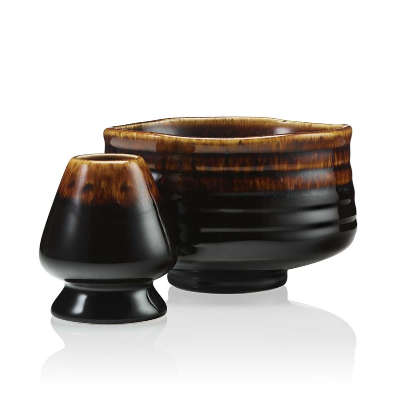 Matcha skålset i brunt – skål & vispstöd i porslin