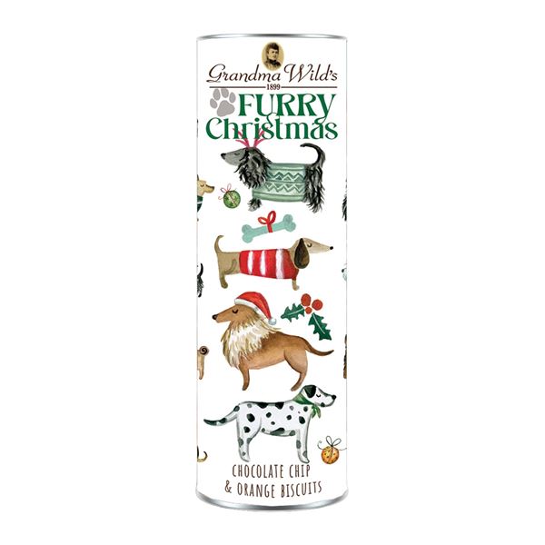 Furry Christmas tube with chocolate chip & orange biscuits – 200g