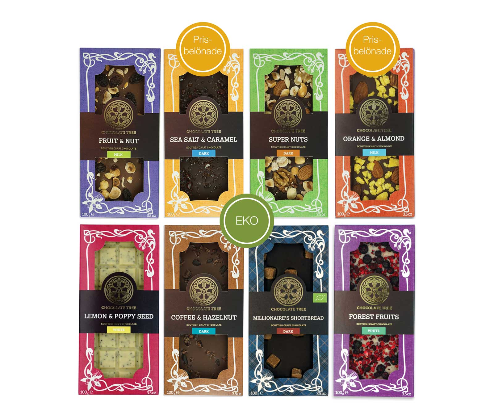 Ekologisk prisbelönt choklad med olika smaker